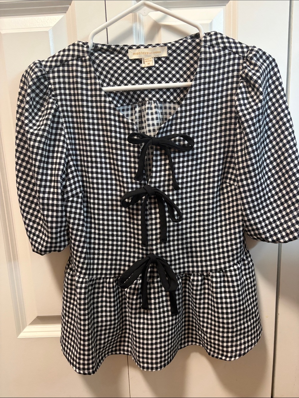 Monteau Black and White Gingham Triple Tie Peplum Top